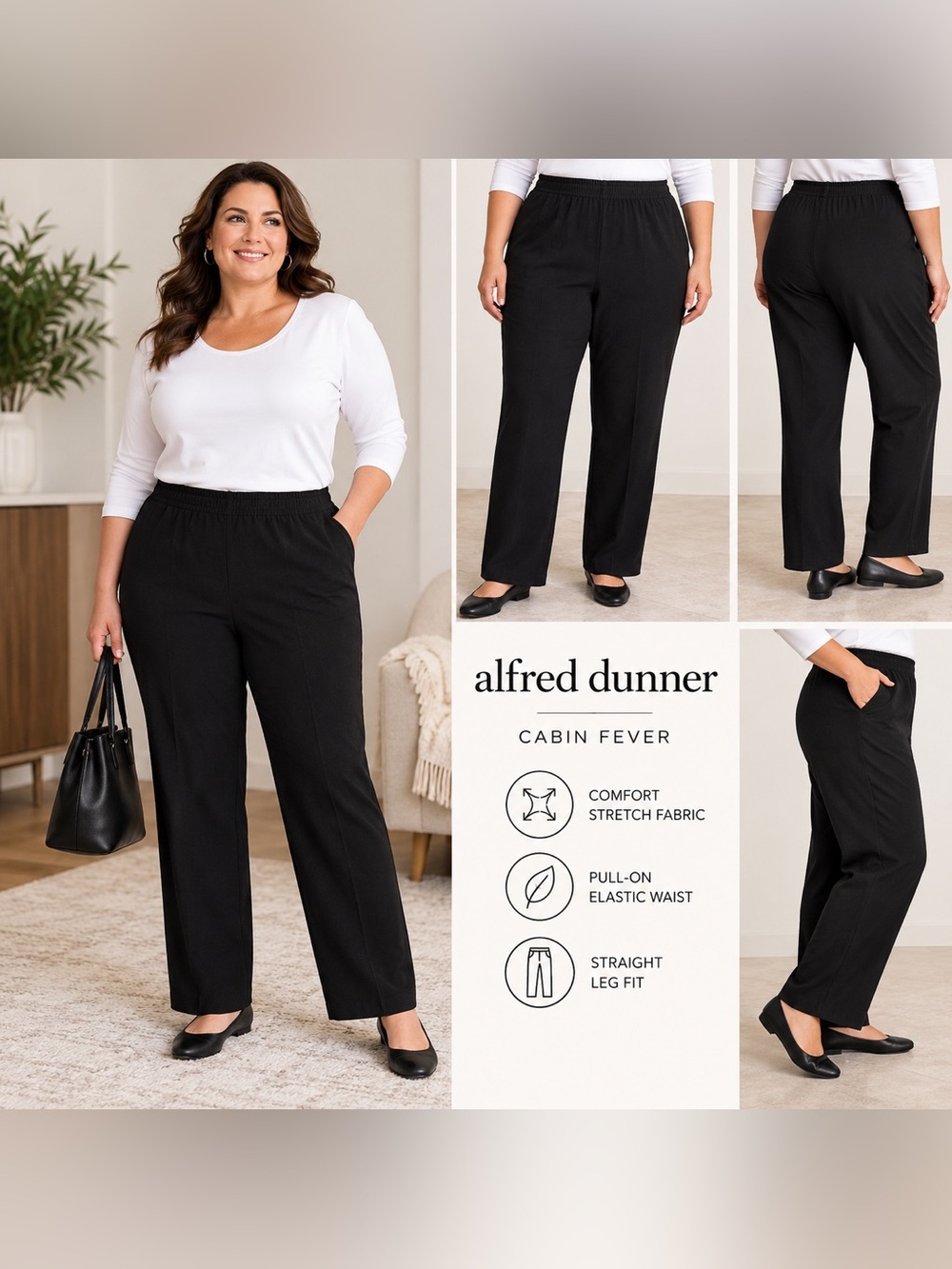 Alfred Dunner Black Straight-Leg Pull-On Pants 18W